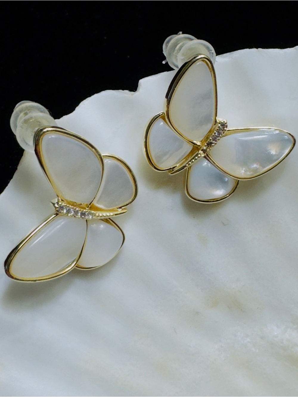 Gold & White Butterfly Stud Earrings - Elegant Women Jewelry